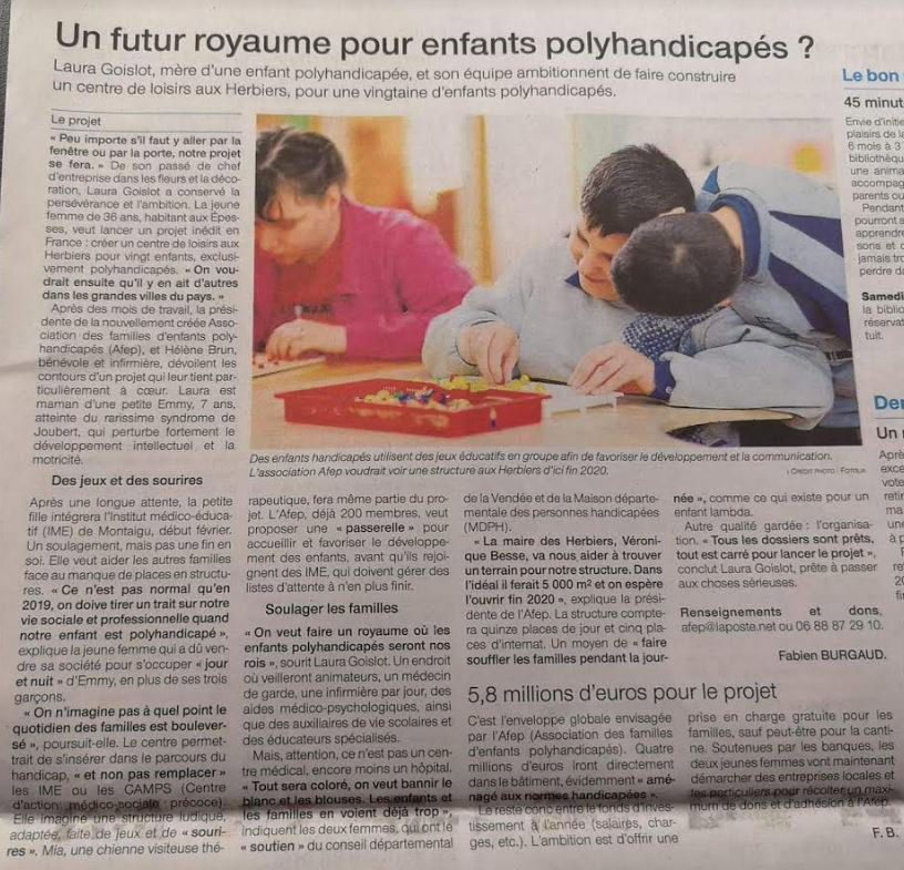 Article sur l'AFEP - Association des famllles d'enfants polyhandicapés - Centre d'accueil et de loisirs aux herbiers - Ouest France